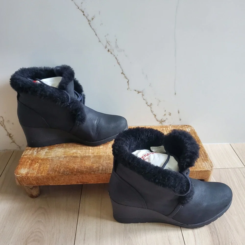 UGG Boots Womens 7 Black Suede Jeovana Ankle Boot Waterproof Wedge Shearling